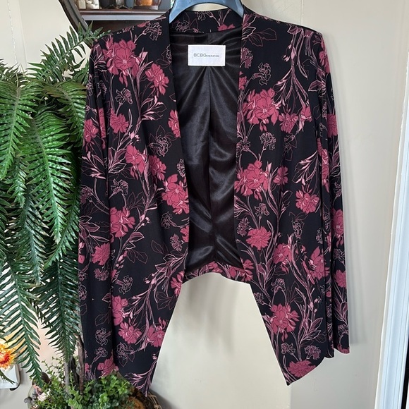 BCBGeneration Black & Pink Floral Draped Blazer Satin Lined Suit Jacket Office - Picture 1 of 13